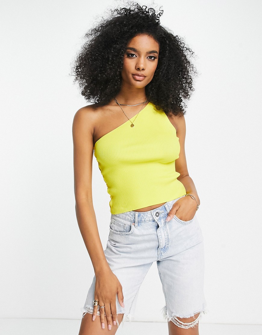 Mango ribbed asymmetric top with side button detail in bright yellow