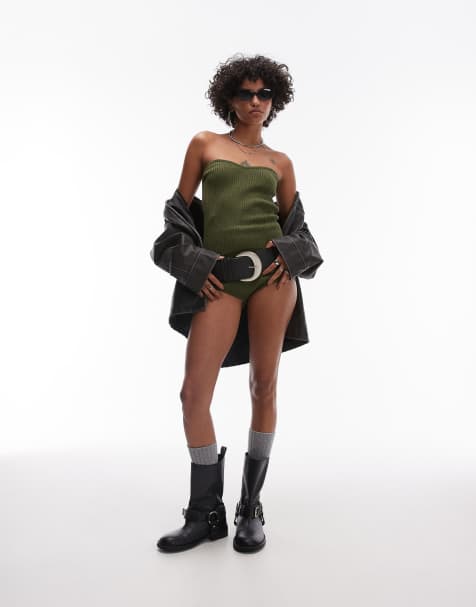 Mango ribbed bandeau and short co-ord in khaki - view 1