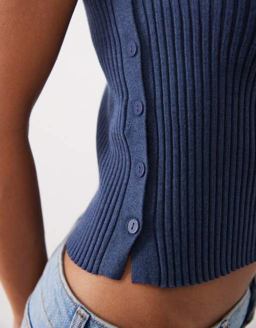 Mango ribbed boat neck sleeveless top in petrol blue, 3 of 4