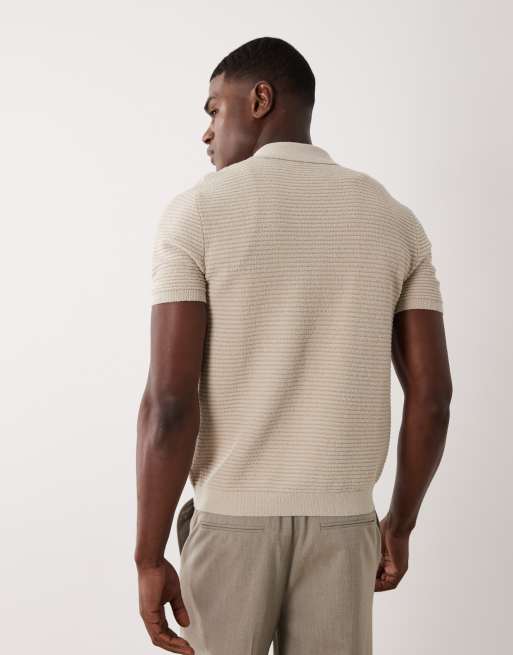 Mango ribbed button through short sleeve poloshirt in mushroom, 3 of 5