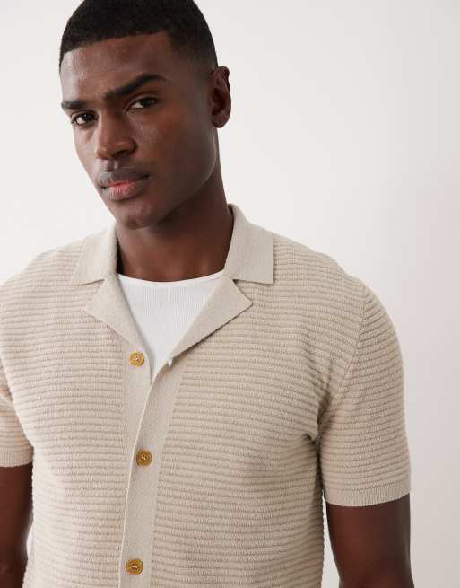 Mango ribbed button through short sleeve poloshirt in mushroom, 5 of 5