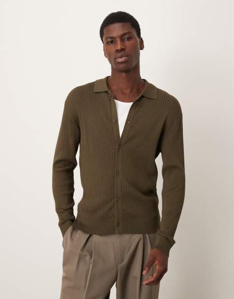 Mango ribbed cardigan in khaki - view 1
