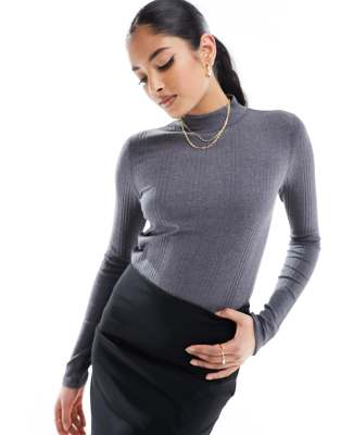 Mango Ribbed Detail High Neck Top In Gray