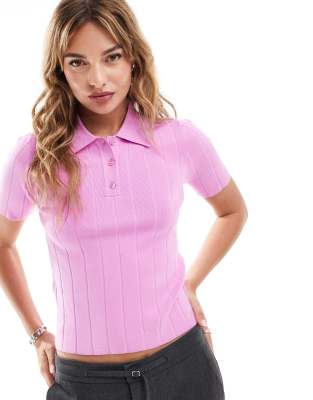 ribbed detail polo top in pink