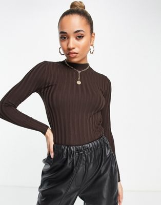 Mango ribbed fine knit jumper in brown