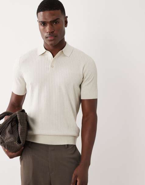 Mango ribbed fine knit poloshirt in tan - view 1