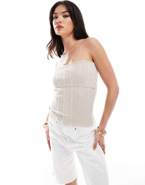Mango ribbed fold over bandeau in beige - view 1