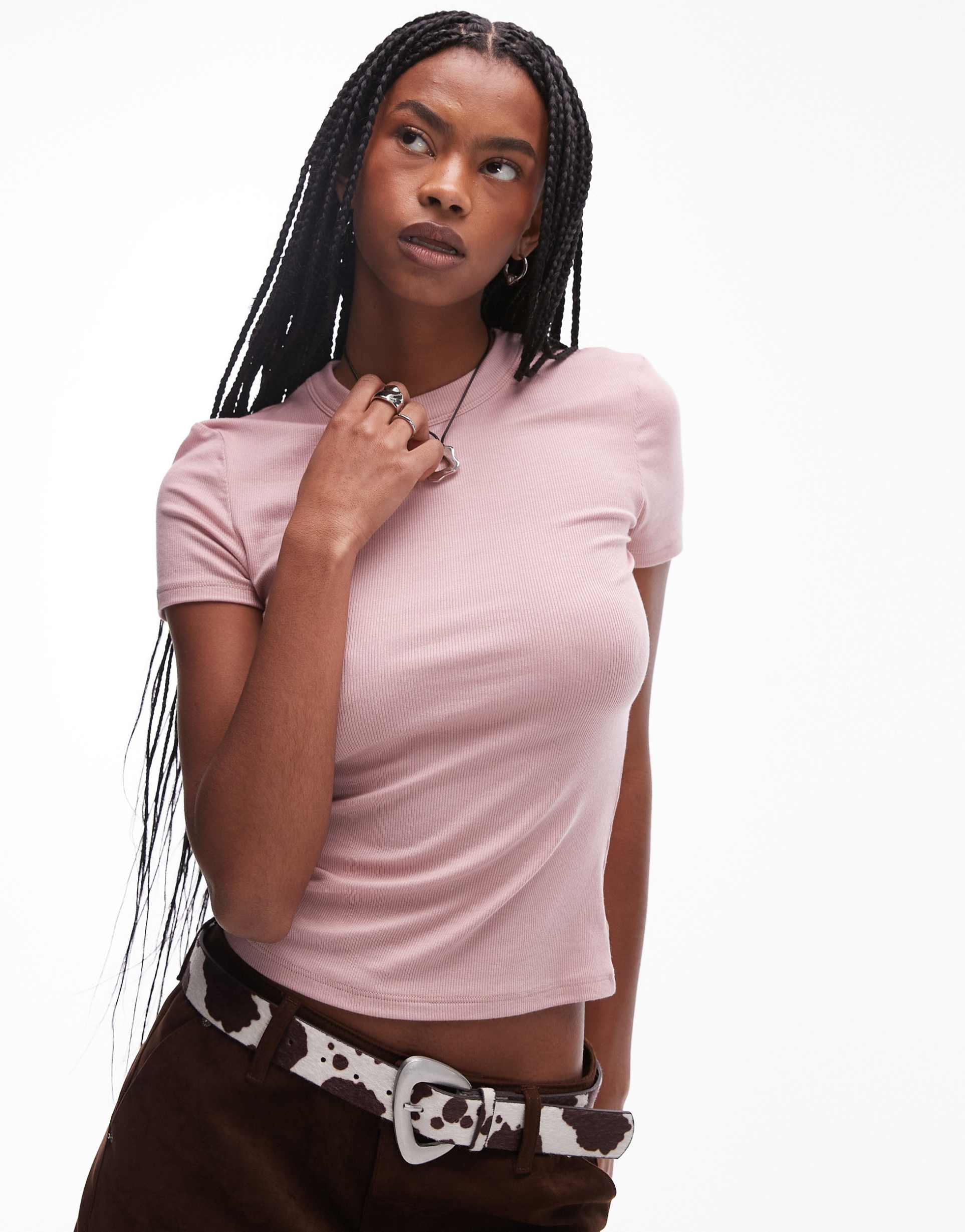 mango ribbed high neck baby t-shirt in light pink