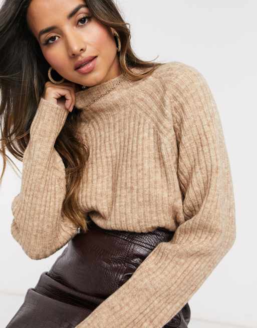 Mango ribbed high neck sweater in beige | ASOS