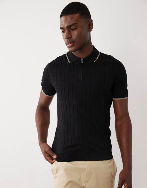 Mango ribbed knit quarter zip polo with contrast trim in black - view 1