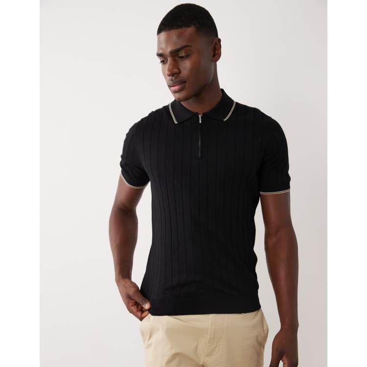 Mango ribbed knit quarter zip polo with contrast trim in black | ASOS