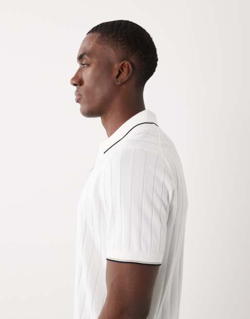 Mango ribbed knit quarter zip polo with contrast trim in ecru, 3 of 5