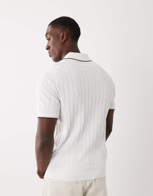 Mango ribbed knit quarter zip polo with contrast trim in ecru, 5 of 5