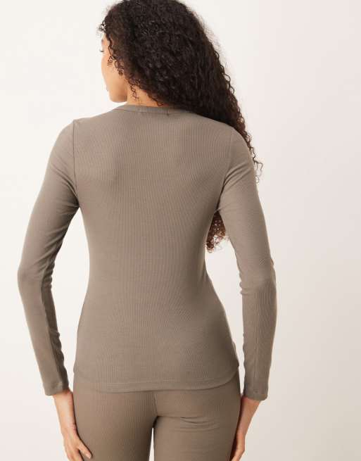 Mango ribbed knit round neck long sleeve pyjama top co-ord on mushroom, 3 of 4