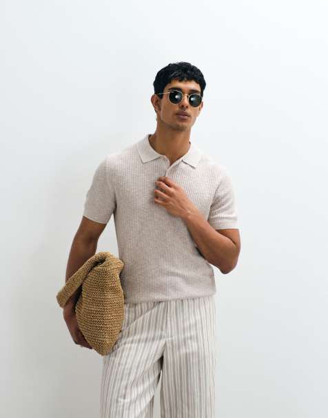 Mango ribbed knit t-shirt with contrast trin in stone - view 1