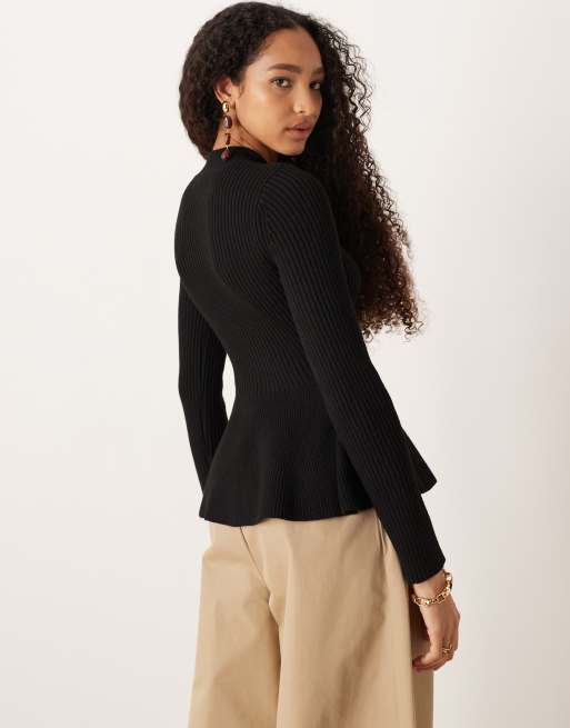 Mango ribbed knitted top with peplum hem in black | ASOS