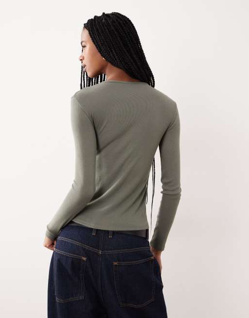 Mango ribbed long sleeve t-shirt in khaki, 4 of 4