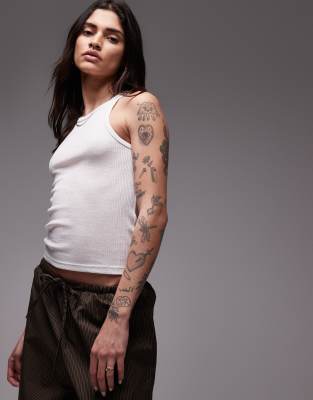 Mango Mixed Rib Round Neck Tank Top In White