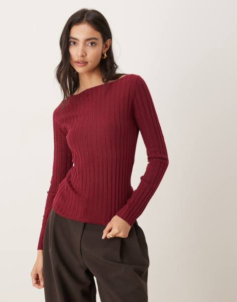 Mango ribbed slash neck lightweight jumper in dark red - view 1