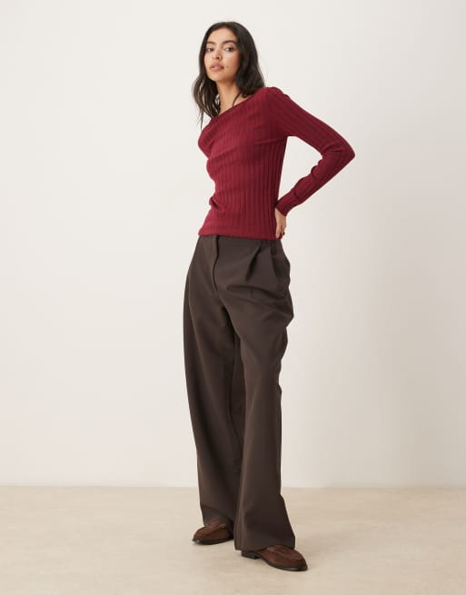 Mango ribbed slash neck lightweight jumper in dark red, 2 of 4