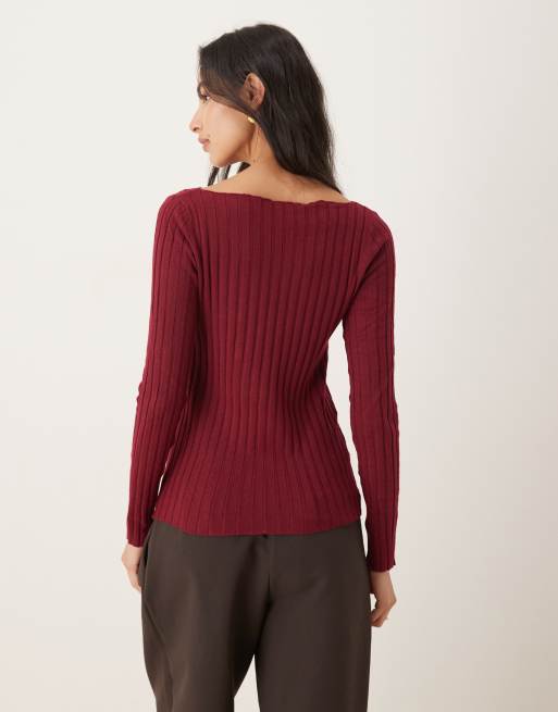 Mango ribbed slash neck lightweight jumper in dark red, 3 of 4