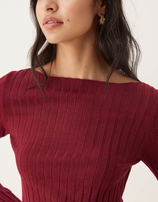 Mango ribbed slash neck lightweight jumper in dark red, 4 of 4