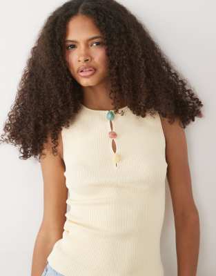 Mango Ribbed Sleevless Top In White