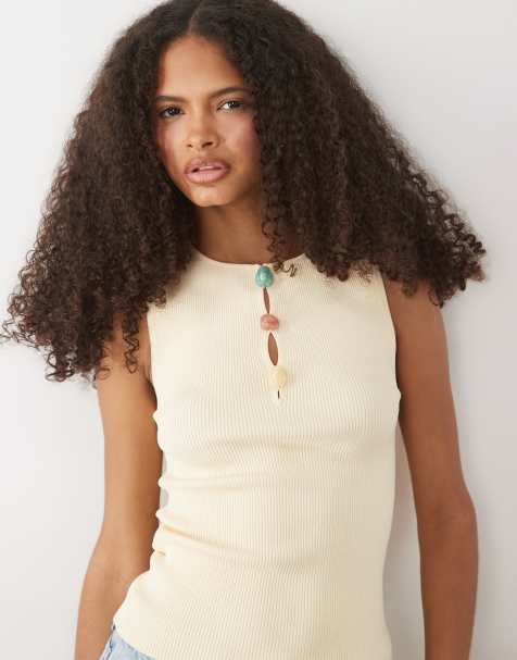Mango ribbed sleevless top in butter yellow - view 1