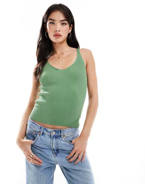 Mango ribbed strap vest in light green - view 1