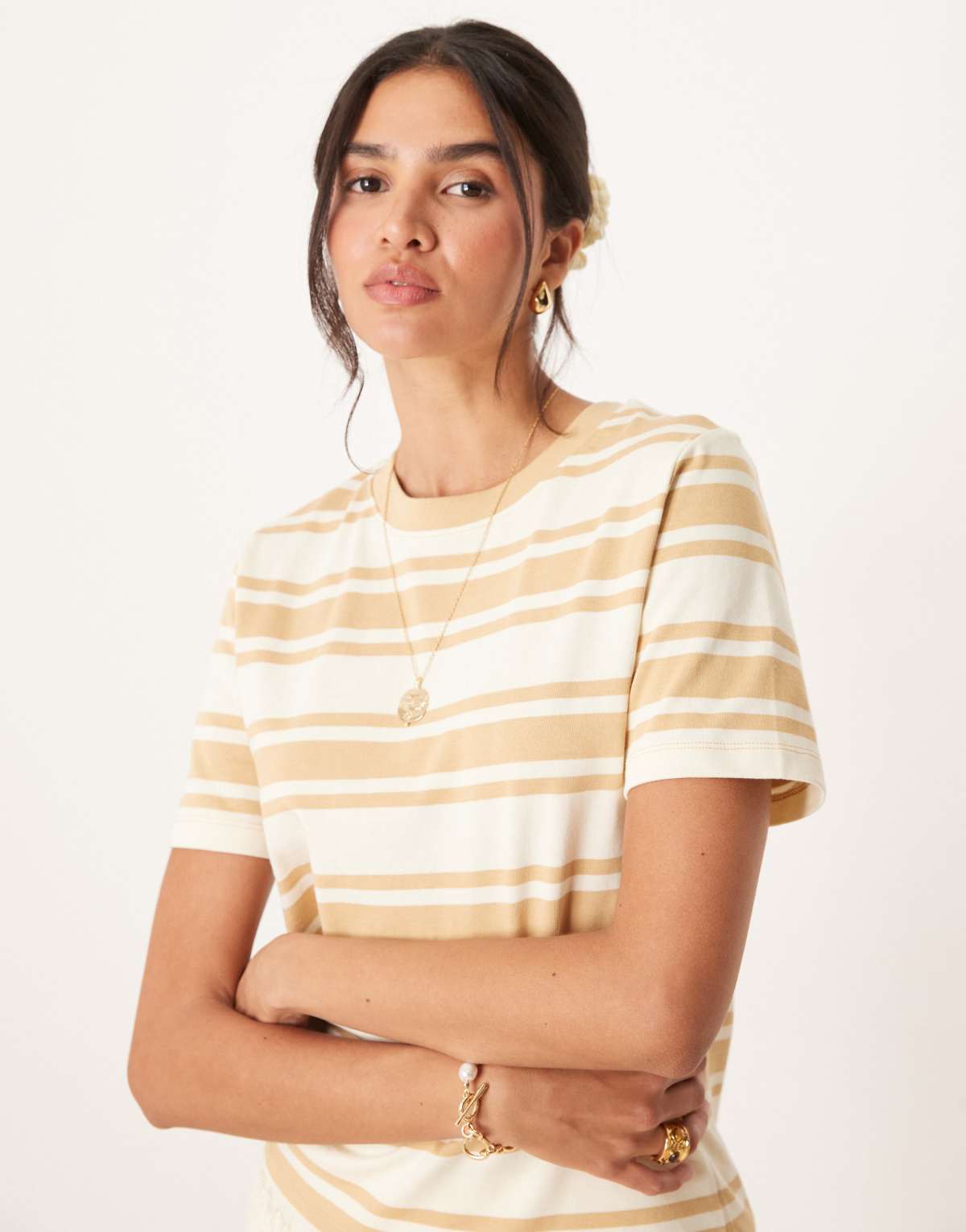 Mango ribbed t-shirt in cream and white stripe