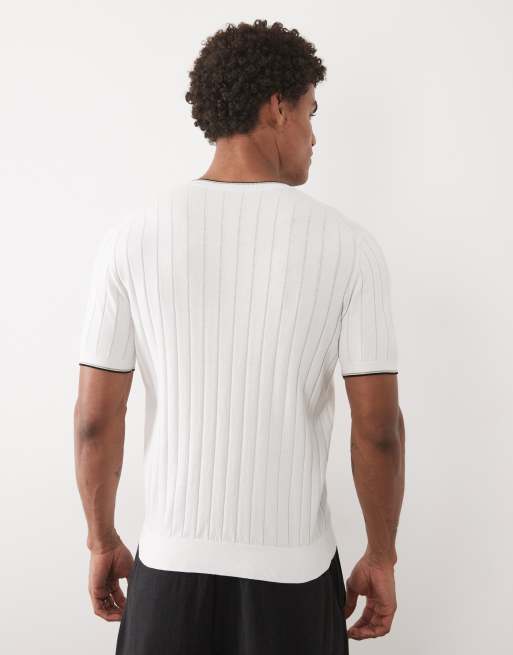 Mango ribbed t-shirt with contrast tipping in off white, 4 of 5