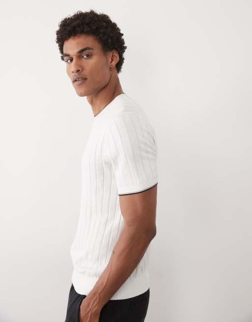 Mango ribbed t-shirt with contrast tipping in off white, 5 of 5