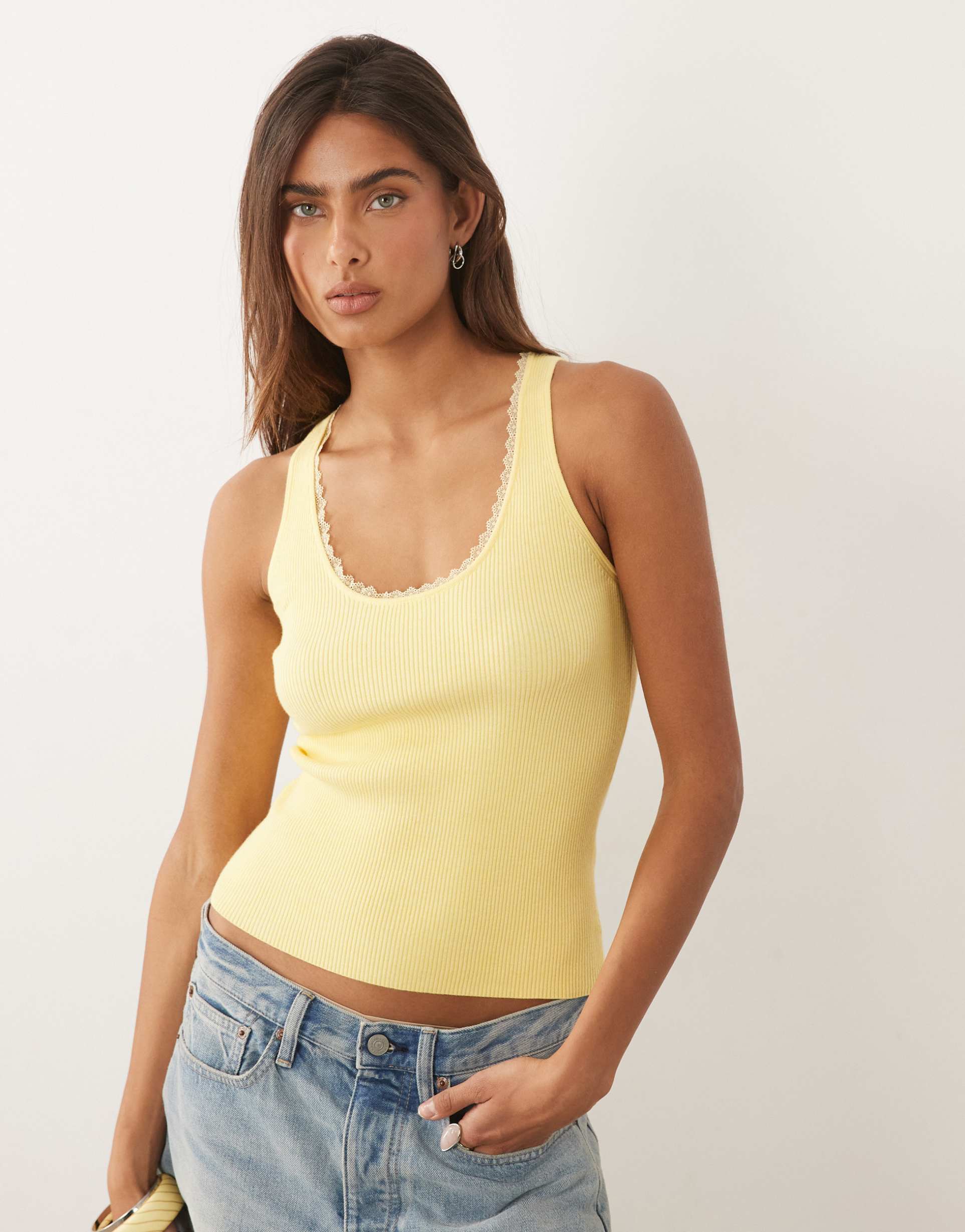 mango ribbed tank top with lace trim in butter yellow