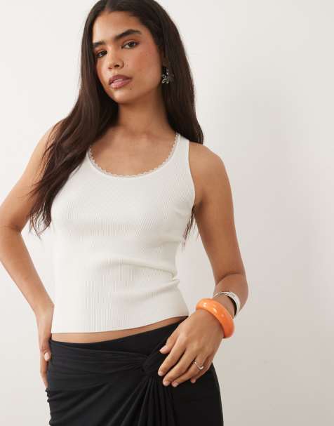 Mango ribbed tank top with lace trim in white - view 1