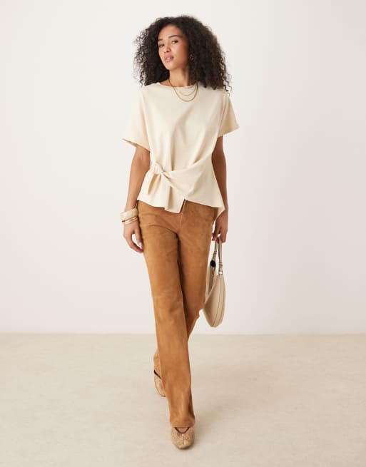 Mango ribbed tie waist T-shirt in yellow, 4 of 4