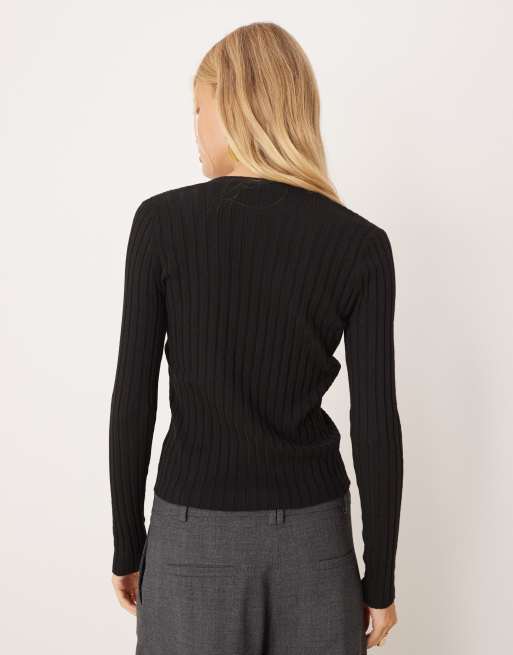 Mango ribbed v neck cardigan in black, 3 of 4
