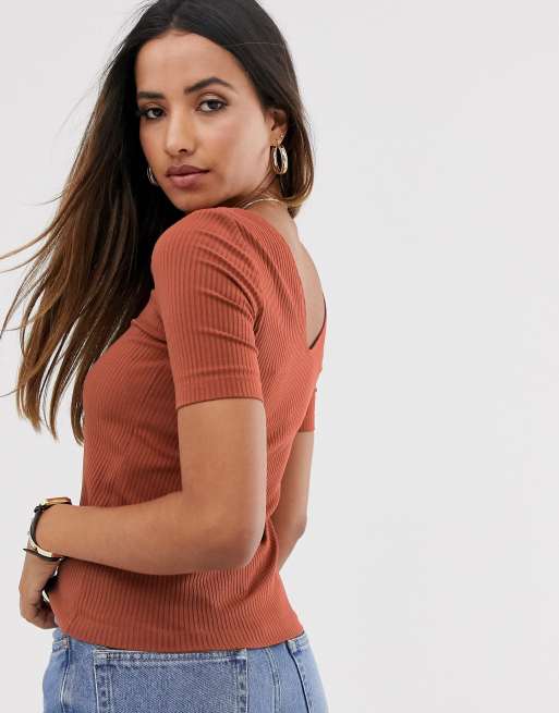 Mango ribbed v neck tshirt in rust