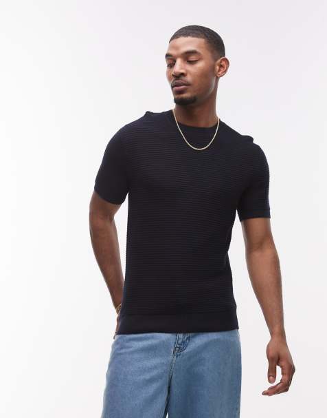 Mango - Ribgebreid T-shirt in marineblauw - view 1