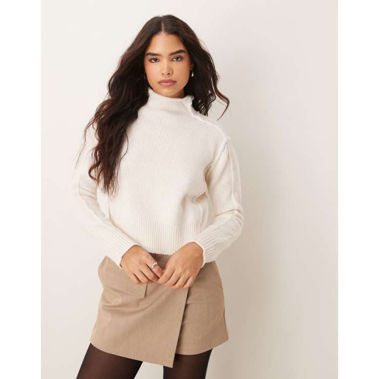 Mango ridged edge high neck sweater in white | ASOS