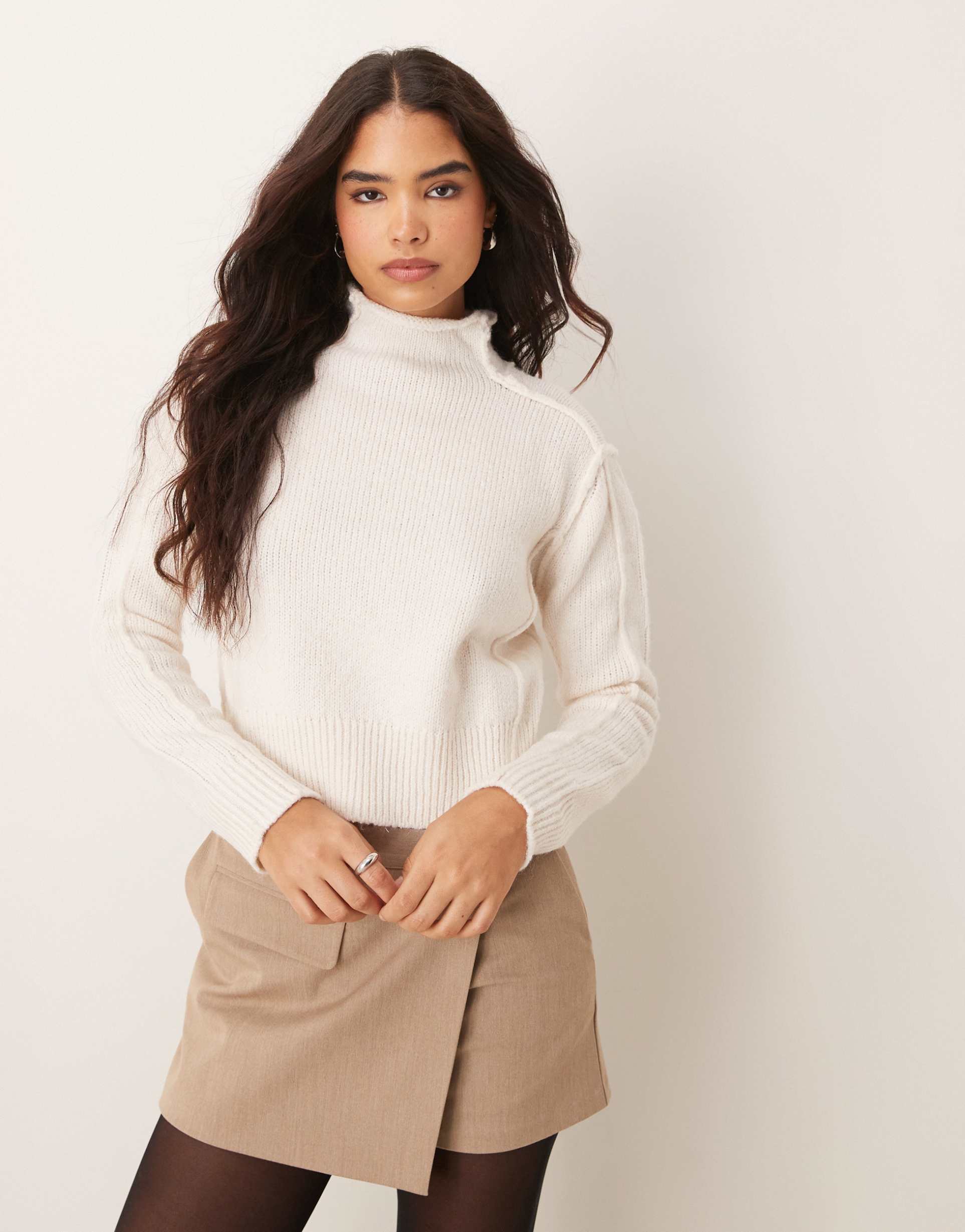 mango ridged edge high neck sweater in white