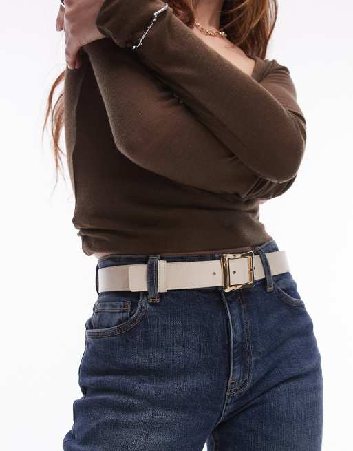 Mango - Riem met vierkante gesp en contrastnaad in wit