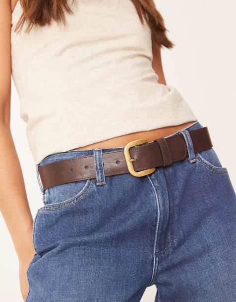 Mango - Riem van imitatieleer met grote gouden gesp in bruin - view 1
