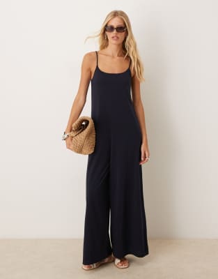 Mango - Riemchen-Jumpsuit aus Leinenmix in Marineblau