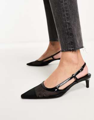 Mango - Riemchen-Schuhe in Schwarz mit Kitten-Heel-Absatz, Netzstoff und spitzer Zehenpartie