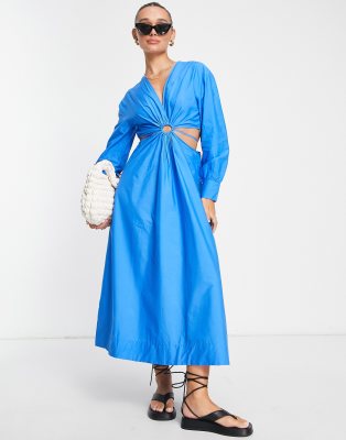 mango ring detail cut-out midi dress in bright blue