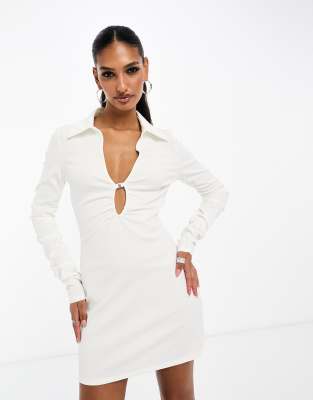 Mango ring detail long sleeve shirt bodycon mini dress in white-Neutral