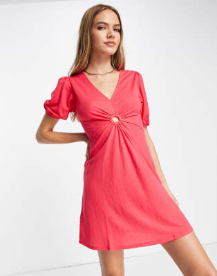 Mango Mango ring detail puff sleeve mini dress in red