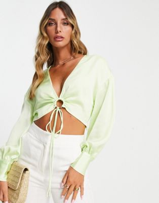 Mango ring detail tie front blouse in lime
