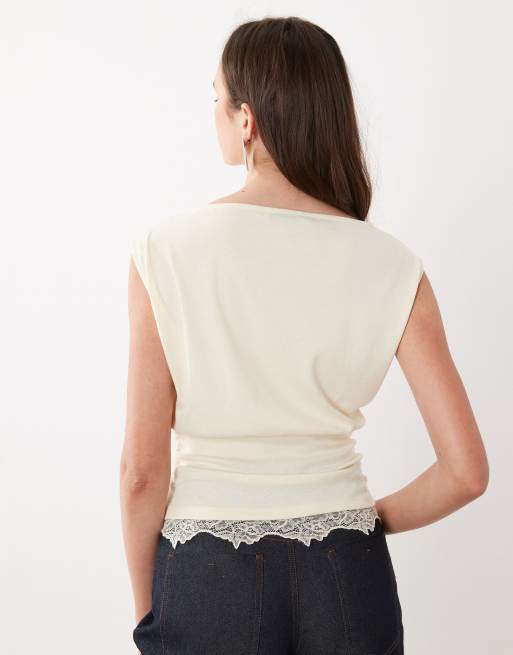 Mango ærmeløs T-shirt med blondedetaljer i smørgul, 4 af 4