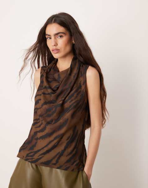 Mango - Ærmeløs top med skulderpuder og brunt zebraprint - view 1